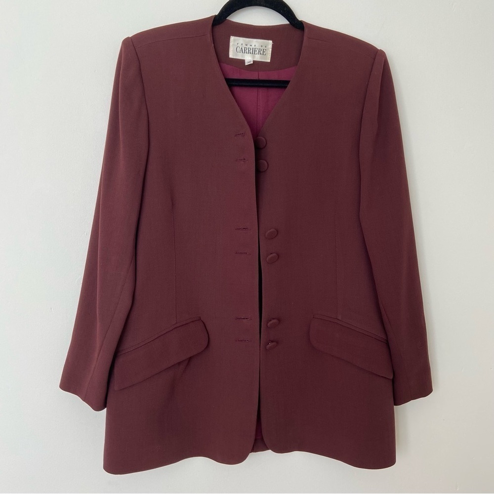 Vintage Collarless Fitted Blazer Virgin Wool in Burgundy Purple sz 36 US 6